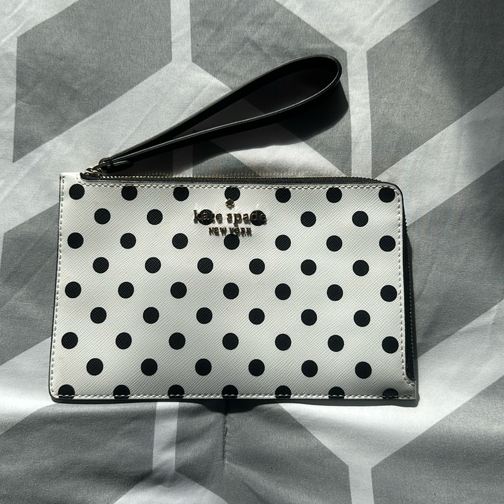 Kate Spade Staci Medium L Zip Wristlet, White/Black, Polka-dotted (New)